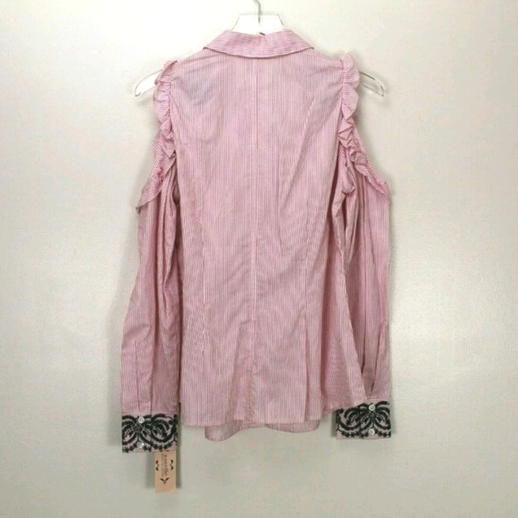 Nanette Lepore Flamingo Dreams Button Shirt Medium Pink White Stripe Embroidered - Picture 4 of 6